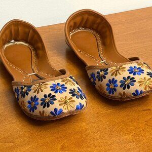 Tan & Blue Floral Punjabi Jutti Leather SlipOn Mules Ethnic Indian Flats Size 38